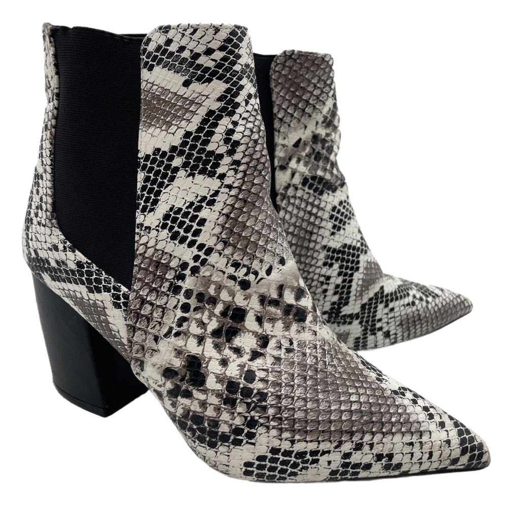 Black, White Faux Snakeskin Ankle Boot Booties Elastic Side Pull Block Heel